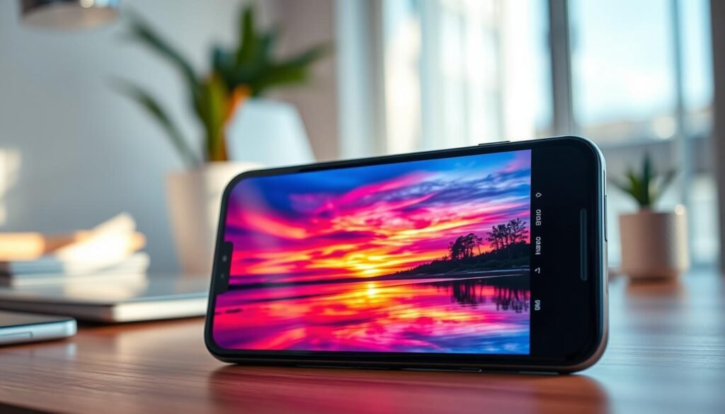A close-up image of a modern smartphone display showcasing vibrant HDR10+ content. In the foreground, the smartphone is prominently positioned, with its screen displaying a colorful sunset landscape, highlighting the rich colors and contrast levels typical of HDR. The background is softly blurred, suggesting a tech-focused environment, with subtle elements like a sleek wooden desk and soft lighting that creates a warm, inviting atmosphere. Natural light streams in from a nearby window, casting gentle reflections on the screen. The angle of the shot is slightly tilted to emphasize the depth of the display's colors. The mood is professional yet engaging, ideal for a technical comparison of smartphone performance in an analytical piece.