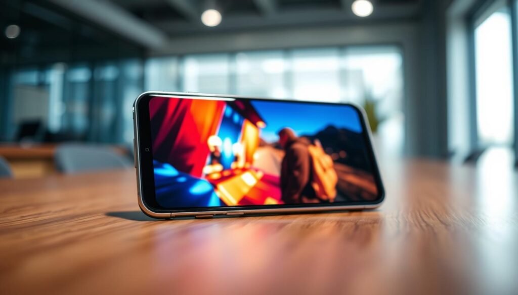 A close-up shot of a modern smartphone displaying a vibrant HDR10+ video content on its screen, set against a sleek wooden desk. The phone is angled to showcase the brightness and color accuracy of the display, emphasizing deep blacks and vivid colors. In the background, a soft-focus office setting with ambient lighting creates a professional atmosphere. A slight lens flare illuminates the smartphone's edge, highlighting its sleek design. The image should convey a mood of technology evaluation, with an emphasis on clarity and detail that invites viewers to assess the screen's performance critically. No people or distractions in the image, focusing solely on the smartphone's functionality in an appealing setting.