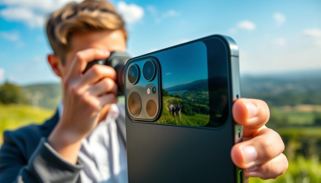 A close-up shot of an iPhone 16 Pro prominently displayed, showcasing its new periscope camera with a 5x zoom feature. The camera lens is highlighted, capturing intricate details of the Sony IMX-900 sensor within. In the foreground, a professional photographer holds the iPhone up, dressed in smart casual attire, focusing intently on a vibrant outdoor scene. The background features a scenic vista with lush greenery and a clear blue sky, creating a serene atmosphere. Soft, natural lighting enhances the image, casting gentle shadows that emphasize the phone's sleek design. The angle is slightly tilted to convey action and excitement in photography. The overall mood is innovative and dynamic, reflecting cutting-edge technology in smartphone photography.