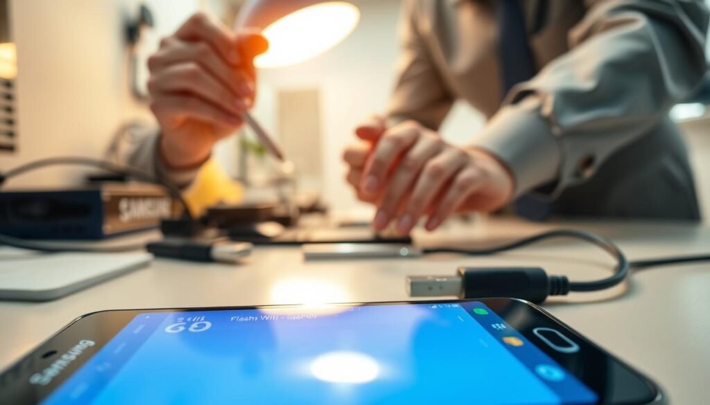 A close-up view of a Samsung A52 smartphone displaying a troubleshooting screen for WiFi issues after flashing a custom ROM. The foreground features the smartphone with a clear, vibrant screen showing settings and diagnostic information related to WiFi connectivity. In the middle ground, a technician’s hands, wearing professional attire, are carefully adjusting the device, with tools like a small screwdriver and an USB cable visible nearby. The background shows a clean and organized workspace, with a soft-lit environment that creates a professional atmosphere, emphasizing focus and clarity. The lighting is warm and inviting, with a slight depth of field that softly blurs the background, drawing attention to the device and the technician's focused actions. A close-up view of a Samsung A52 smartphone displaying a troubleshooting screen for WiFi issues after flashing a custom ROM. The foreground features the smartphone with a clear, vibrant screen showing settings and diagnostic information related to WiFi connectivity. In the middle ground, a technician’s hands, wearing professional attire, are carefully adjusting the device, with tools like a small screwdriver and an USB cable visible nearby. The background shows a clean and organized workspace, with a soft-lit environment that creates a professional atmosphere, emphasizing focus and clarity. The lighting is warm and inviting, with a slight depth of field that softly blurs the background, drawing attention to the device and the technician's focused actions.