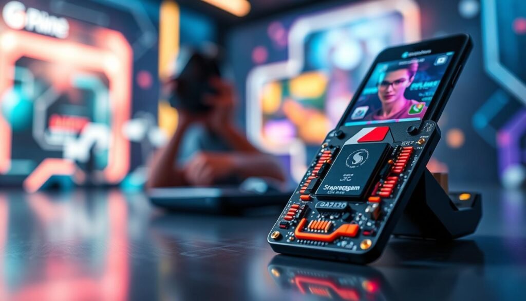 A close-up view of a Snapdragon chipset designed for gaming, prominently displayed in the foreground, showcasing its intricate details and sleek design. The chipset has vibrant colors and glowing components that represent high performance and technology. In the middle ground, a stylish, modern flip phone is partially opened, highlighting its advanced gaming capabilities and multitasking features powered by the Snapdragon Gen 3. The background features a soft-focus gaming environment with abstract neon lights and digital patterns, creating an atmosphere of excitement and innovation. The lighting is bright and dynamic, emphasizing the chipset’s details, captured from a slightly elevated angle for a dramatic effect. The overall mood is energetic and futuristic, evoking a sense of cutting-edge technology.