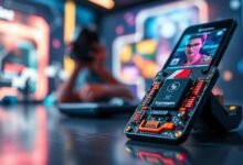 A close-up view of a Snapdragon chipset designed for gaming, prominently displayed in the foreground, showcasing its intricate details and sleek design. The chipset has vibrant colors and glowing components that represent high performance and technology. In the middle ground, a stylish, modern flip phone is partially opened, highlighting its advanced gaming capabilities and multitasking features powered by the Snapdragon Gen 3. The background features a soft-focus gaming environment with abstract neon lights and digital patterns, creating an atmosphere of excitement and innovation. The lighting is bright and dynamic, emphasizing the chipset’s details, captured from a slightly elevated angle for a dramatic effect. The overall mood is energetic and futuristic, evoking a sense of cutting-edge technology.