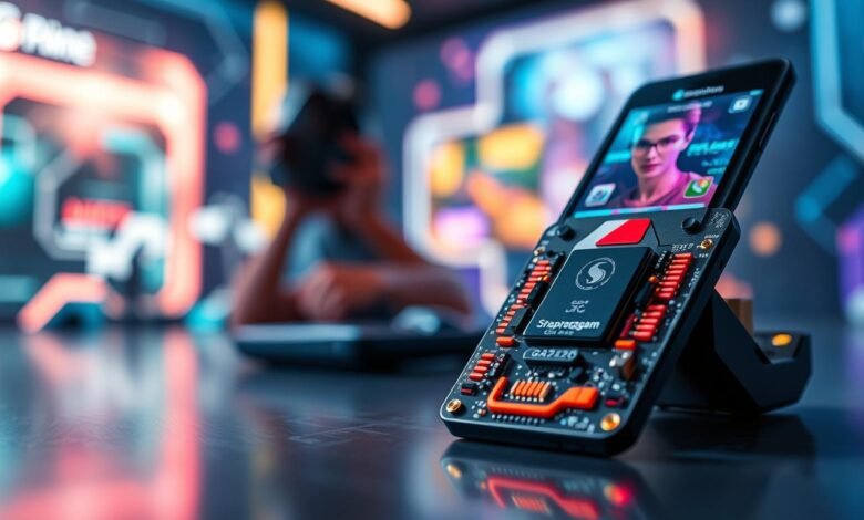 A close-up view of a Snapdragon chipset designed for gaming, prominently displayed in the foreground, showcasing its intricate details and sleek design. The chipset has vibrant colors and glowing components that represent high performance and technology. In the middle ground, a stylish, modern flip phone is partially opened, highlighting its advanced gaming capabilities and multitasking features powered by the Snapdragon Gen 3. The background features a soft-focus gaming environment with abstract neon lights and digital patterns, creating an atmosphere of excitement and innovation. The lighting is bright and dynamic, emphasizing the chipset’s details, captured from a slightly elevated angle for a dramatic effect. The overall mood is energetic and futuristic, evoking a sense of cutting-edge technology.