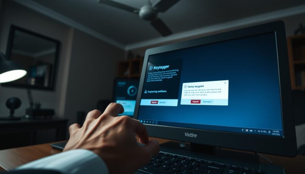 A close-up view of a computer screen displaying suspicious pop-up alerts, indicating potential keylogger malware activities. In the foreground, a pair of cautious hands, wearing smart business attire, hover over the keyboard, suggesting careful inspection. In the middle ground, a subtle reflection of any monitoring software interface is visible, showing unusual keystrokes being logged. The background features a dimly lit home office, with dim overhead lighting casting a moody atmosphere, hinting at a sense of unease and awareness. A slight shallow depth of field focuses on the hands and screen, blurring the background for an intimate and focused look. The overall mood conveys tension and the need for vigilance against digital threats without any human facial expressions or identifying features.