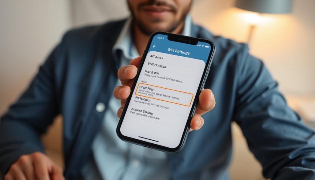 A close-up view of a modern smartphone held in a person's hand, focusing on the device's screen displaying the WiFi settings menu with a highlighted option for activating a 5GHz hotspot. The person should be wearing professional casual attire, such as a neatly buttoned shirt. In the background, a clean, minimalist workspace is visible, with soft indirect lighting creating a warm, inviting atmosphere. The angle is from slightly above, capturing both the phone and the user's hand, emphasizing the technology in use. The overall mood is one of focus and preparation, ideal for a tech-savvy audience.