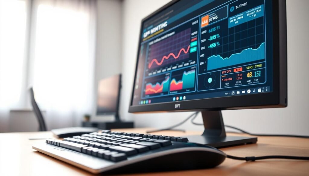 A close-up view of a sleek, modern desktop computer setup focused on an advanced GPU monitoring software interface displayed on the screen. The foreground features the monitor brightly lit, showcasing real-time graphs and temperature readings of the GPU, with vibrant colors highlighting crucial data. In the middle ground, a stylish, ergonomic keyboard and mouse are partially visible, emphasizing a clean, efficient workspace. The background is softly blurred, depicting a minimalistic office environment with diffused natural light filtering through a window, creating a calming yet focused atmosphere. The scene captures a sense of high-tech professionalism, emphasizing the lightweight and efficient nature of the monitoring application. The overall mood is one of productivity and precision, ideal for showcasing advanced technology in a streamlined working environment.