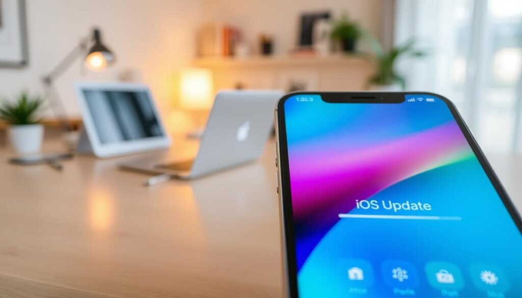A close-up view of a sleek smartphone displaying a software update progress bar labeled "iOS Update." In the foreground, focus on the phone's vibrant screen showing a detailed and colorful interface, with icons representing system maintenance tools. The middle ground features a softly blurred modern workspace with a stylish desk, a laptop, and accessories to convey a tech-savvy environment. The background presents a calming home office scene with warm ambient lighting, emphasizing a sense of productivity and digital progress. The overall mood is professional and optimistic, suggesting a smooth update process while highlighting the importance of system maintenance.