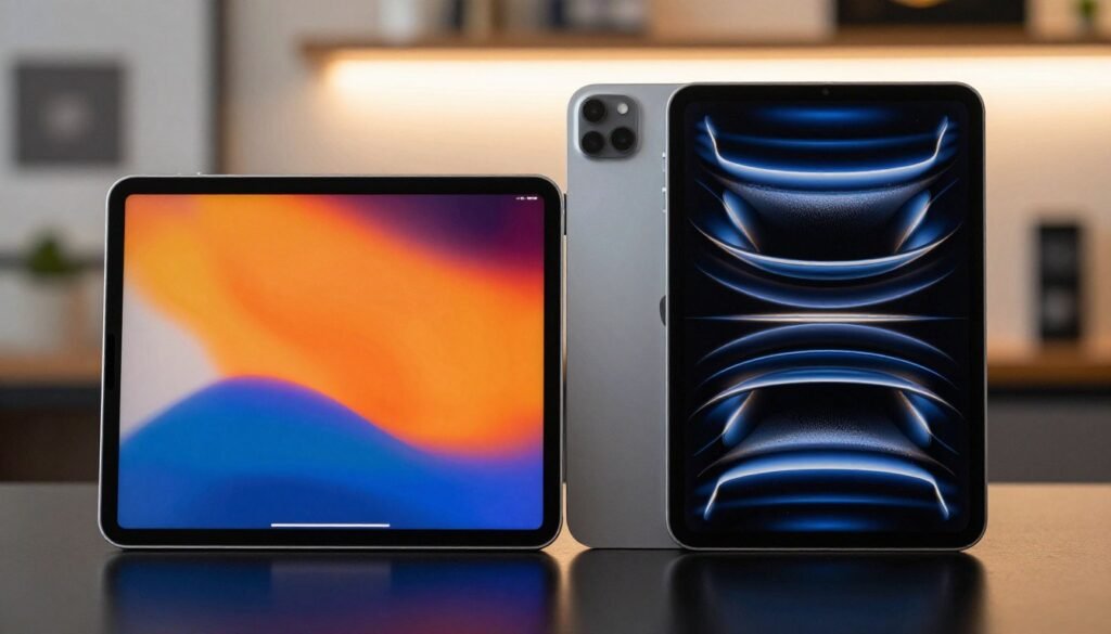 A close-up view of an M1 iPad Pro and M4 iPad Air side by side, showcasing their screens. The foreground features a vibrant Liquid Retina display on the left, presenting bright colors and deep blacks, and an Ultra Retina XDR display on the right, demonstrating high contrast and detailed textures. The middle ground emphasizes the sleek design of both tablets, with a subtle reflection on a glossy surface below them. The background includes a softly blurred modern workspace with warm ambient lighting, enhancing the elegance of the devices. Capture the essence of tech sophistication and modernity, inviting viewers to appreciate the differences in screen quality between these two impressive iPads.