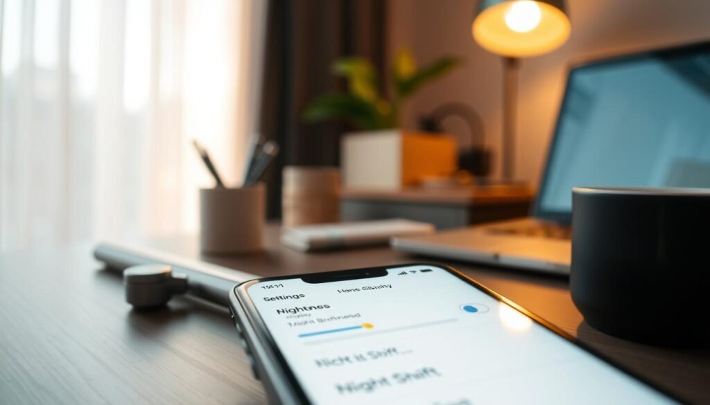 A close-up view of an iPhone displaying the iOS settings screen, specifically the display and brightness options. The screen is illuminated with a soft glow, highlighting various settings like brightness slider and night shift toggle. In the foreground, a stylish modern desk with a sleek laptop and minimalistic stationery items adds context. The background features a cozy workspace illuminated by natural light pouring in from a nearby window, blending warm and cool tones to create a calming atmosphere. A subtle depth of field effect brings the focus to the iPhone while keeping the desk elements slightly blurred. The overall mood is professional yet inviting, perfect for a tech-savvy audience.
