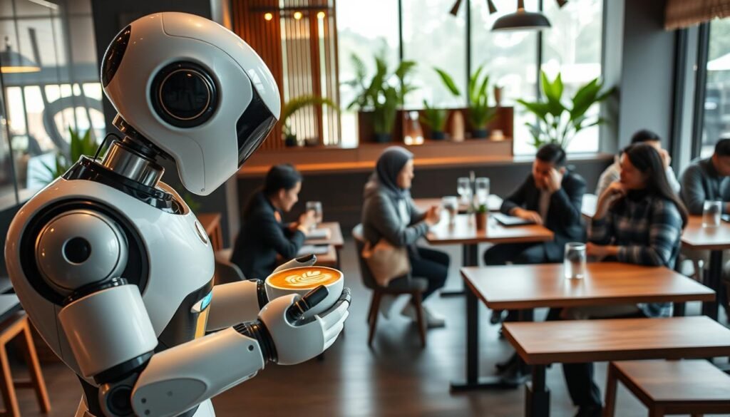 A cozy and modern robot café in Bandung, featuring an elegantly designed robotic barista preparing coffee with precision. In the foreground, the robot artfully pours steaming coffee into a beautifully crafted cup, showcasing intricate latte art. Surrounding the robot, patrons dressed in smart casual attire sit at sleek wooden tables, engaged in conversation or enjoying their coffee, immersed in the experience. The middle ground features stylish decor with green plants and warm wood accents, creating an inviting atmosphere. In the background, large windows let in soft, natural light, illuminating the café's ambiance. The overall mood is warm and inviting, emphasizing a blend of technology and comfort, inviting viewers to experience the unique joy of coffee served by robots.