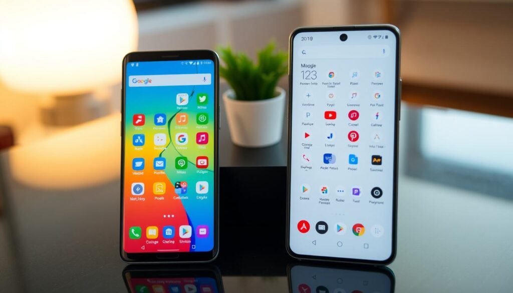 A detailed comparison scene of Samsung's and Google's default applications displayed on two smartphones side-by-side. In the foreground, a Samsung device shows a sleek, modern home screen packed with 38 colorful app icons against a gradient background highlighting its vibrant interface. Next to it, a Google Pixel phone displays a cleaner setup with 22 minimalist app icons, showcasing a subtler design. The middle ground features a subtle reflection on a smooth table surface, signifying a tech-savvy environment. In the background, soft lighting creates an inviting atmosphere, enhancing the contrast between the devices. The angle should focus on the screens, allowing viewers to easily compare app densities and styles, evoking a sense of analysis and innovation.