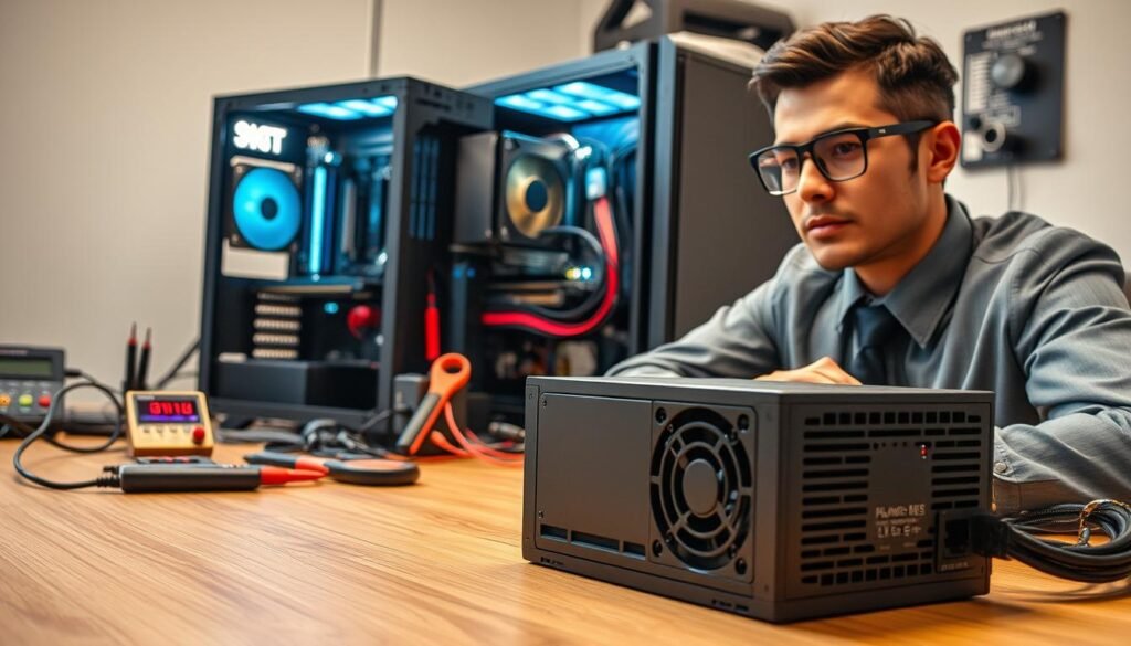 A detailed examination of a fanless mode power supply test setup. In the foreground, a sleek, modern power supply unit with multiple ports visible, resting on a wooden table. An individual in business attire, wearing safety glasses, is monitoring a digital temperature gauge displaying temperature readings with a focused expression. The middle layer features a computer setup with an open case, showcasing components like a motherboard and cooling system, emphasizing an organized workstation. In the background, soft ambient lighting casts a professional atmosphere with tools like multimeters and cables neatly arranged. The scene captures a sense of precision and technical exploration, with a warm color palette creating a calm yet industrious mood.
