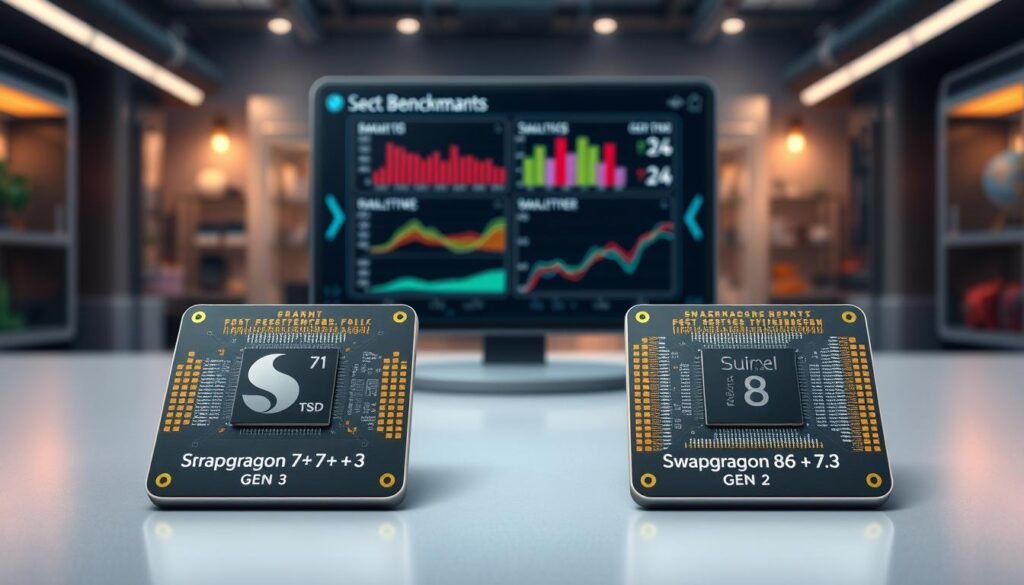 A detailed illustration comparing the Snapdragon 7+ Gen 3 and Snapdragon 8 Gen 2 chipsets. In the foreground, place two sleek, modern chipsets, one labeled for Snapdragon 7+ Gen 3 and the other for Snapdragon 8 Gen 2, both showcasing intricate circuit designs and vibrant colors. In the middle ground, add a digital display showing benchmark results, illustrated as dynamic graphs and metrics to reflect performance comparisons. The background should feature a tech-savvy environment, like a high-tech laboratory or workspace, with soft, ambient lighting to create a professional atmosphere. Use a slightly tilted camera angle to enhance depth and focus on the chipsets, capturing their details. The mood should be informative and engaging, emphasizing innovation and competition in technology.