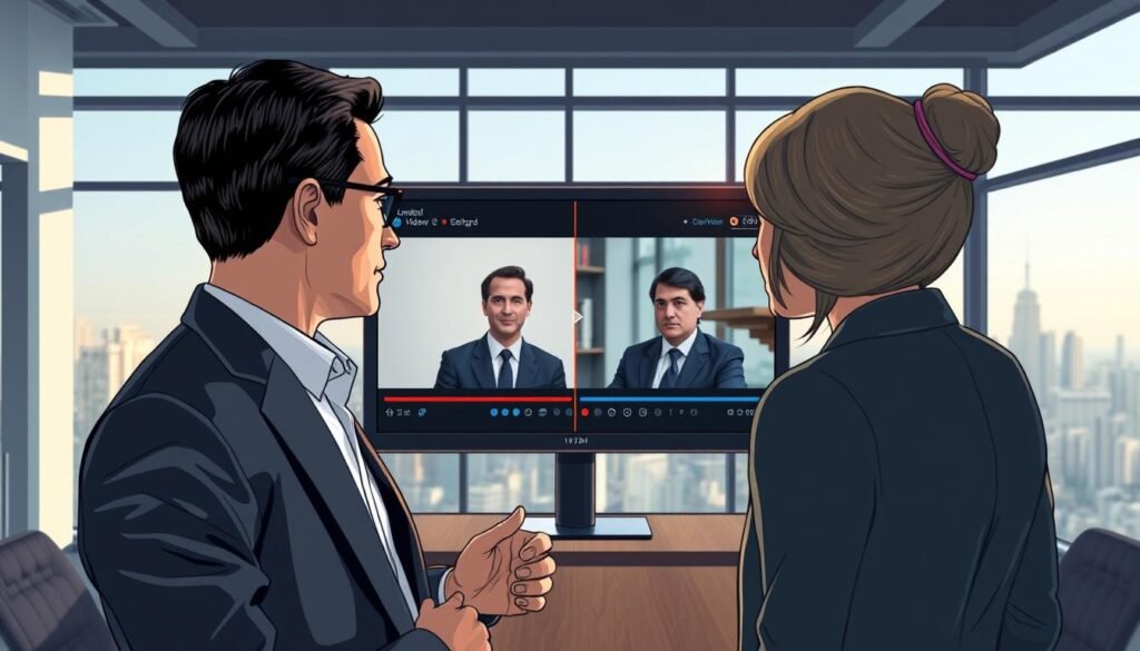 A detailed illustration depicting the concept of detecting deepfake videos. In the foreground, a professional man and woman, dressed in formal business attire, are intently examining a screen displaying a split image comparing a real and a deepfake video. The middle ground features digital elements, such as icons of video analytics tools and visual cues like waveforms or encryption symbols symbolizing technology and verification processes. The background shows a modern office setting with a large window revealing a city skyline, bathed in soft natural light, contributing to a serious yet dynamic atmosphere. The overall mood emphasizes vigilance and technological awareness, focusing on the differentiation between authentic and manipulated content while promoting professional integrity.