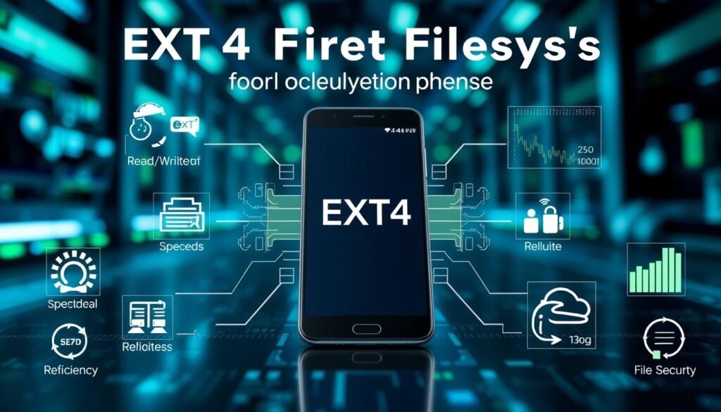 A detailed infographic-style illustration depicting the advantages of the EXT4 filesystem for older Android phones. In the foreground, vibrant icons representing speed, reliability, and efficiency are arranged thoughtfully. In the middle ground, a sleek smartphone with a visible EXT4 logo and an array of technical graphs and performance metrics, like read/write speed and file integrity, surround the device. The background features a blurred tech-themed environment, illuminated with cool blue and green tones, evoking a sense of advanced technology. The image captures a professional and informative mood, emphasizing clarity and simplicity. The lighting is bright yet soft, enhancing the technical details without overwhelming the viewer, all shot from a dynamic angle to draw attention to the smartphone's display. No text or watermarks included.