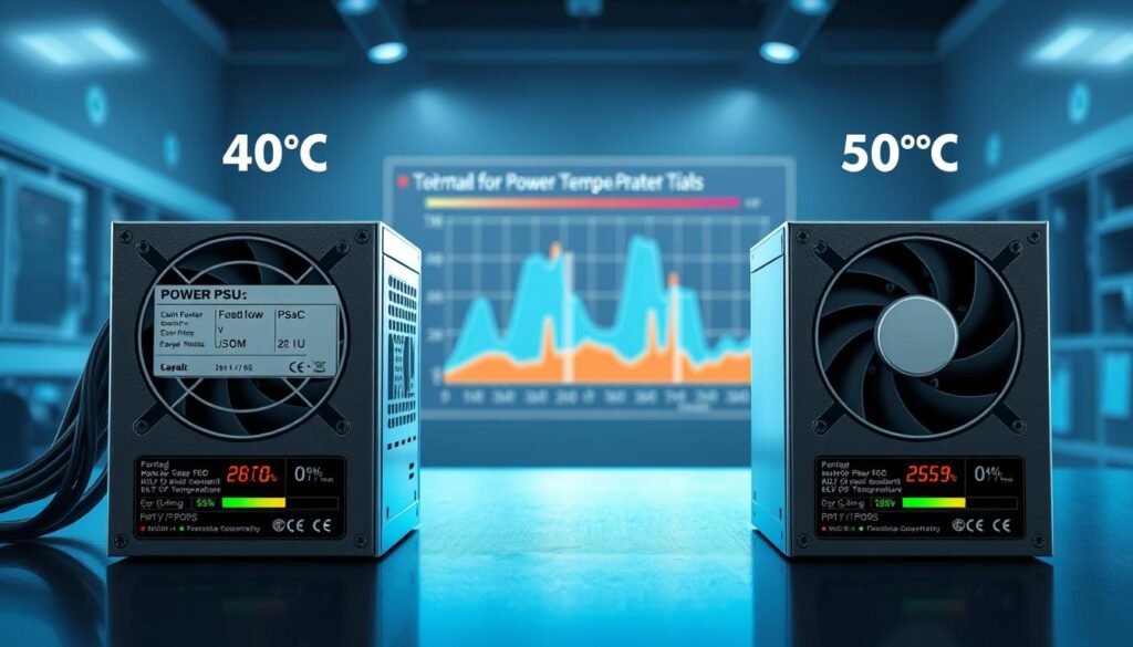 A detailed technical illustration comparing power supply units (PSUs) rated for different temperatures: one at 40°C and the other at 50°C. In the foreground, feature two distinct PSUs labeled clearly and showcasing their specifications, with color-coded elements to indicate their thermal limits. The middle ground should include a technical schematic or graph visually demonstrating the performance differences at the specified temperatures. In the background, a subtle gradient of cool colors suggests a temperature gradient, enhancing the theme. The lighting is soft and focused, creating an informative atmosphere that conveys a sense of professionalism. Use a realistic perspective as if the viewer is in a tech lab, ensuring a clean and organized layout without any extraneous elements or text.