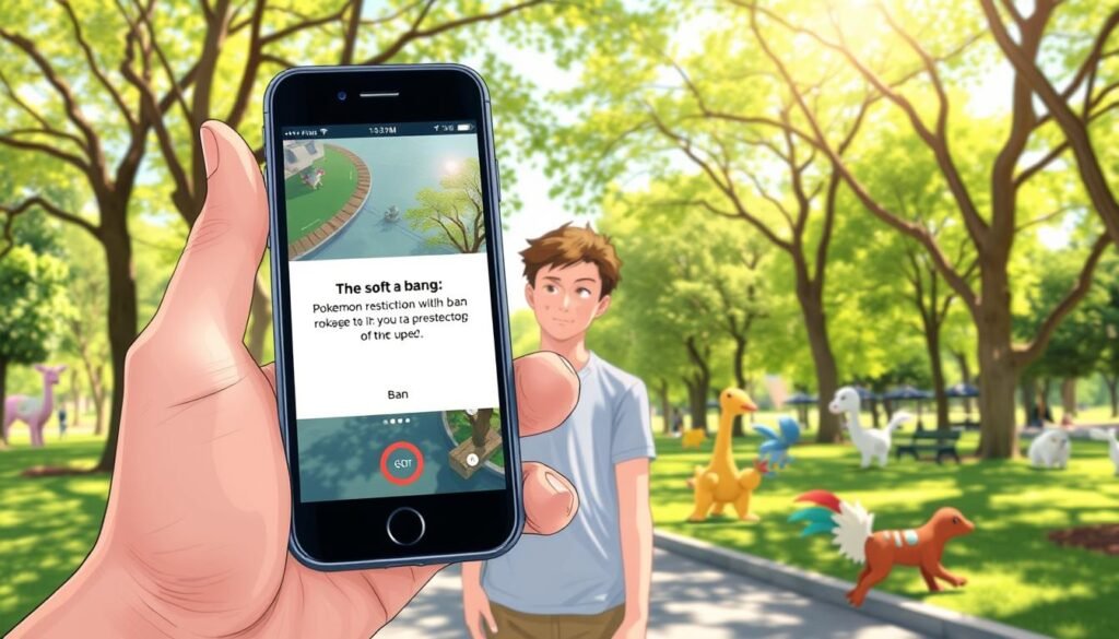 A digital illustration depicting a Pokémon Go scene representing a temporary restriction or soft ban. Foreground features a smartphone in a player's hand showing the Pokémon Go interface with a notification about the soft ban. Middle ground shows the player, a young adult in casual clothing, looking puzzled and slightly frustrated. The background portrays a vibrant park setting with Pokémon creatures visible but faded, indicating they are inaccessible. The lighting is bright and cheerful, with sunlight filtering through trees, creating a light and airy atmosphere. Composition focuses on the contrast between the player's emotions and the lively environment, emphasizing the challenge of navigating game restrictions. No text or logos present. A digital illustration depicting a Pokémon Go scene representing a temporary restriction or soft ban. Foreground features a smartphone in a player's hand showing the Pokémon Go interface with a notification about the soft ban. Middle ground shows the player, a young adult in casual clothing, looking puzzled and slightly frustrated. The background portrays a vibrant park setting with Pokémon creatures visible but faded, indicating they are inaccessible. The lighting is bright and cheerful, with sunlight filtering through trees, creating a light and airy atmosphere. Composition focuses on the contrast between the player's emotions and the lively environment, emphasizing the challenge of navigating game restrictions. No text or logos present.