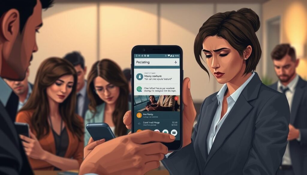 A digital illustration depicting the impact of user experience changes due to a recent Android update. In the foreground, a diverse group of users, including a professional man in a smart casual outfit and a woman in a business blazer, gaze at their smartphones with expressions of concern and disappointment. The middle ground features a close-up of a smartphone displaying an updated user interface, highlighting a missing popular feature with contrasting elements to emphasize the change. In the background, a blurred office setting with muted colors creates a somber atmosphere, with warm lighting casting soft shadows. The overall mood conveys a sense of unease and frustration, reflecting the users’ sentiment toward the changes. Use a wide-angle lens to create a dynamic composition.