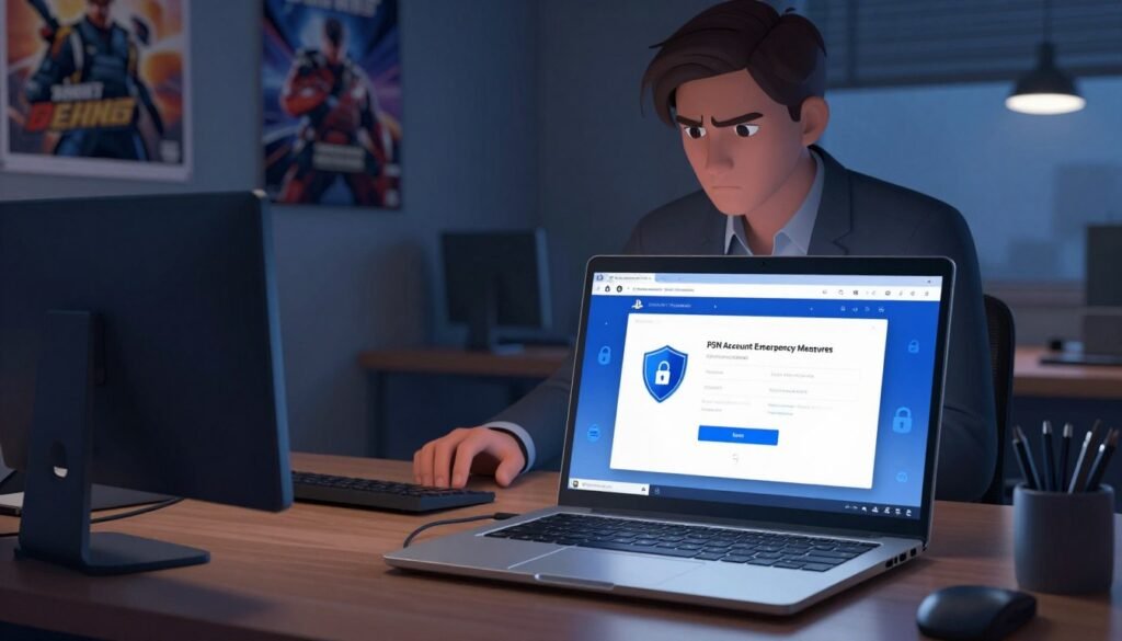 A digital illustration showcasing a "PSN Account Emergency Measures" scenario. In the foreground, feature a secure computer desk setup with a sleek laptop displaying the PlayStation Network login page, surrounded by security icons like locks and shields. The middle ground should depict a concerned gamer in professional attire, focused on the laptop with a determined expression, as they navigate through security settings. In the background, include a dimly lit room with posters of popular video games, and a hint of a window showing a night sky, creating a sense of urgency. Use soft, ambient lighting to highlight the gamer’s focus while casting subtle shadows. The overall atmosphere should convey vigilance and readiness against cyber threats, evoking a sense of protection for online gaming accounts.