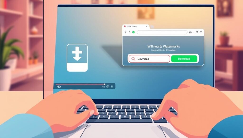 A digital illustration showing a modern laptop with a vibrant screen displaying a TikTok video ready to be downloaded, prominently featuring an icon that symbolizes ‘download’. In the foreground, the laptop keyboard is visible, with a hand poised over the keys, suggesting action. In the middle ground, a stylish browser window exhibits features like a download button and HD quality indicators, enhancing the theme of functionality and ease of use. The background depicts a soft-focus home or office environment, with warm lighting that creates a cozy atmosphere. The overall mood is upbeat and user-friendly, conveying the simplicity and accessibility of downloading TikTok videos without watermarks. The color palette is engaging yet professional, inviting viewers to explore the features being highlighted. A digital illustration showing a modern laptop with a vibrant screen displaying a TikTok video ready to be downloaded, prominently featuring an icon that symbolizes ‘download’. In the foreground, the laptop keyboard is visible, with a hand poised over the keys, suggesting action. In the middle ground, a stylish browser window exhibits features like a download button and HD quality indicators, enhancing the theme of functionality and ease of use. The background depicts a soft-focus home or office environment, with warm lighting that creates a cozy atmosphere. The overall mood is upbeat and user-friendly, conveying the simplicity and accessibility of downloading TikTok videos without watermarks. The color palette is engaging yet professional, inviting viewers to explore the features being highlighted.