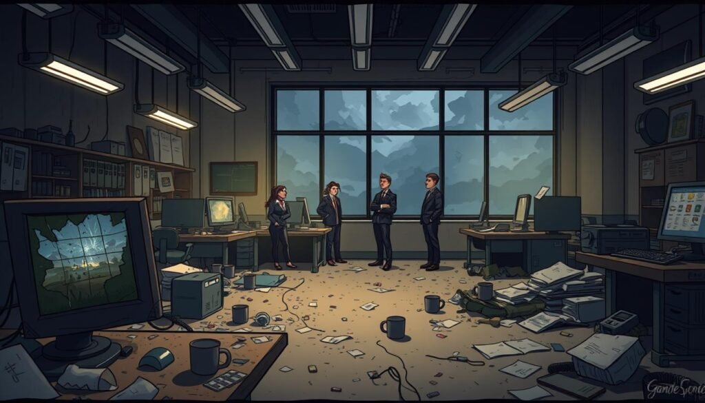 A dimly lit, abandoned game studio with flickering fluorescent lights, filled with dust-covered desks and half-finished game projects scattered about. In the foreground, a broken computer screen displays a paused game scene, while empty coffee cups and crumpled papers hint at the frantic work that once thrived there. In the middle ground, a small gathering of concerned game developers in professional attire discuss the studio's closure, their expressions somber yet determined. The background shows a large window revealing a gloomy, overcast sky, casting a melancholic light into the room. The atmosphere is heavy with uncertainty but also sparks of hope, as the developers plan their next steps. The overall mood captures the impact of the studio's closure on the future of gaming creativity.