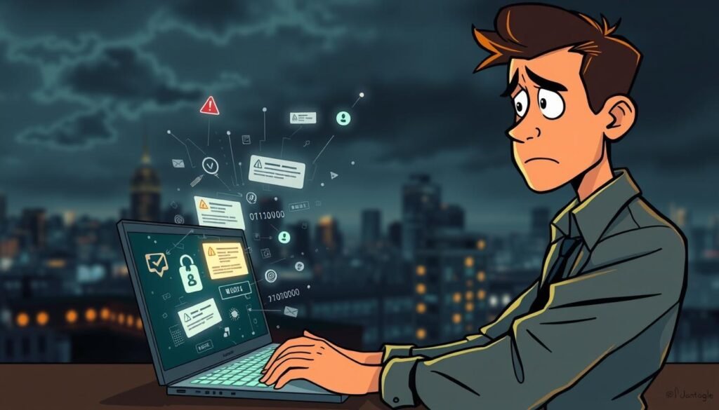 A dramatic, visually striking scene illustrating the impact of a data breach on users. In the foreground, a worried young professional in modest business attire, staring at a glowing laptop screen filled with ominous warning signs and email notifications. In the middle, a fragmented digital landscape featuring abstract representations of data streams and binary code, symbolizing compromised information. In the background, a blurred city skyline under a dim, gloomy sky, suggesting uncertainty and tension. The lighting is dim with glowing elements focused on the laptop, enhancing feelings of anxiety and urgency. Capture the emotional weight of vulnerability and concern, highlighting the serious consequences of data breaches in a modern, interconnected world.