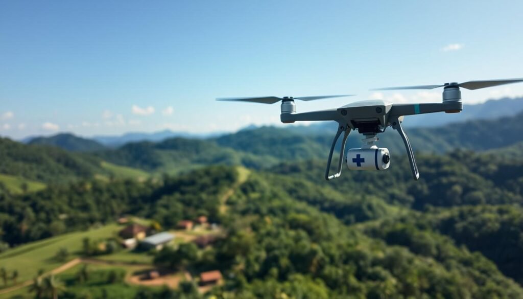 A drone flying over a lush green landscape in Papua, carrying a small medical package, emphasizing its importance in health delivery. In the foreground, the drone is captured in sharp focus, showcasing its sleek design and propellers. In the middle ground, a partially visible village with simple houses can be seen, illustrating the remote area benefiting from this technology. In the background, rolling hills and dense forests stretch under a clear blue sky, conveying a sense of hope and accessibility. The lighting is bright and natural, highlighting the drone's mission. The atmosphere is optimistic and inspiring, reflecting the positive impact of drone technology on healthcare.