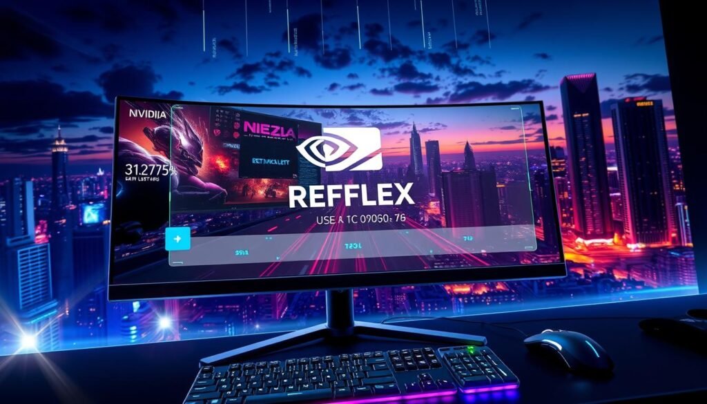 A dynamic and detailed illustration depicting the NVIDIA Reflex technology as a cutting-edge solution for reducing latency. In the foreground, a modern gaming setup features a sleek monitor displaying an intense gaming scene, with a mouse and keyboard illuminated by RGB lighting. The middle section showcases a semi-transparent overlay of the NVIDIA Reflex logo and latency metrics, symbolizing the technology's impact. In the background, a high-tech cityscape with digital elements represents the advanced nature of gaming technology, illuminated by a twilight sky for a dramatic effect. The atmosphere is energetic and focused, emphasizing innovation and efficiency, with soft lens flares to highlight the advanced tech environment.