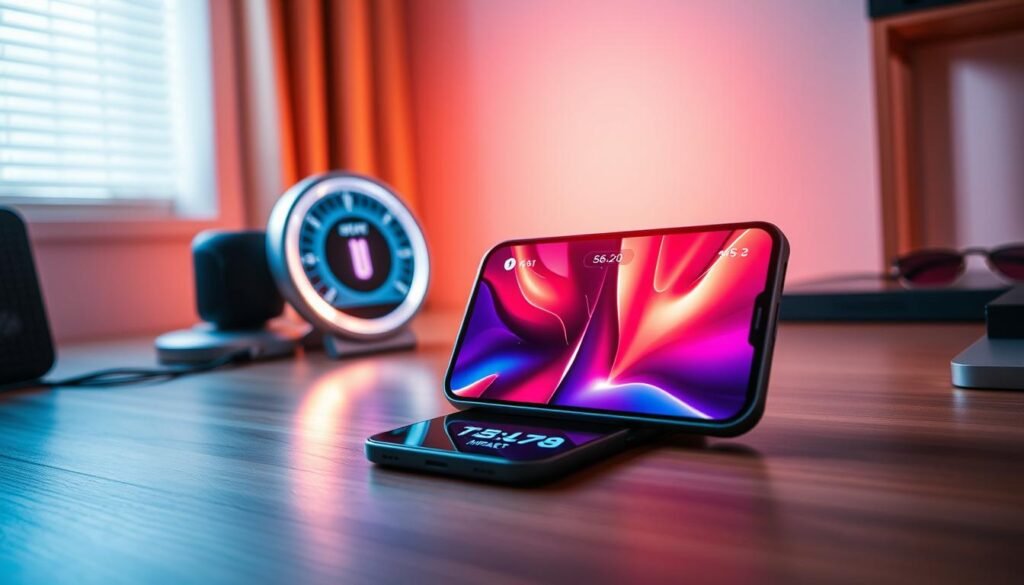 A dynamic and visually striking representation of "temperature" affecting battery consumption during gaming. In the foreground, a sleek iPhone 16 Pro Max sits on a modern wooden desk, displaying a vibrant Genshin Impact game screen with energetic colors. The middle ground features a high-tech thermometer with a digital display showing a rising temperature scale, visually indicating factors impacting battery life. In the background, soft ambient lighting casts a warm glow over the scene, with subtle gradients transitioning from cool blues to warm oranges, symbolizing varying temperature conditions. The atmosphere should feel intense yet inviting, emphasizing the relationship between heat and battery efficiency, with a lens flare effect enhancing the smartphone's modern aesthetic. The angle should be slightly above eye level, creating a dynamic perspective that draws the viewer into the scene, while maintaining a professional and polished look.