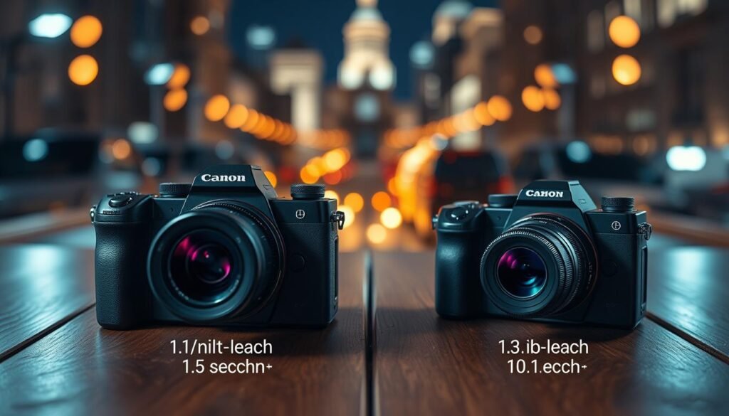 A dynamic comparison image showcasing the low-light performance and depth of field between a 1-inch camera sensor and a 1/1.3-inch camera sensor. The foreground features two detailed camera setups, one highlighting a sleek, modern 1-inch sensor and the other displaying a slightly smaller 1/1.3-inch sensor, both positioned on elegant wooden surfaces. In the middle ground, a beautifully blurred bokeh effect illustrates the depth of field differences, with varied soft light sources creating a warm atmosphere. The background features a softly illuminated night cityscape, emphasizing low-light capabilities. The overall mood should convey a sense of high-tech sophistication, with lighting that enhances the sensors’ features and showcases their comparative performance in professional settings.