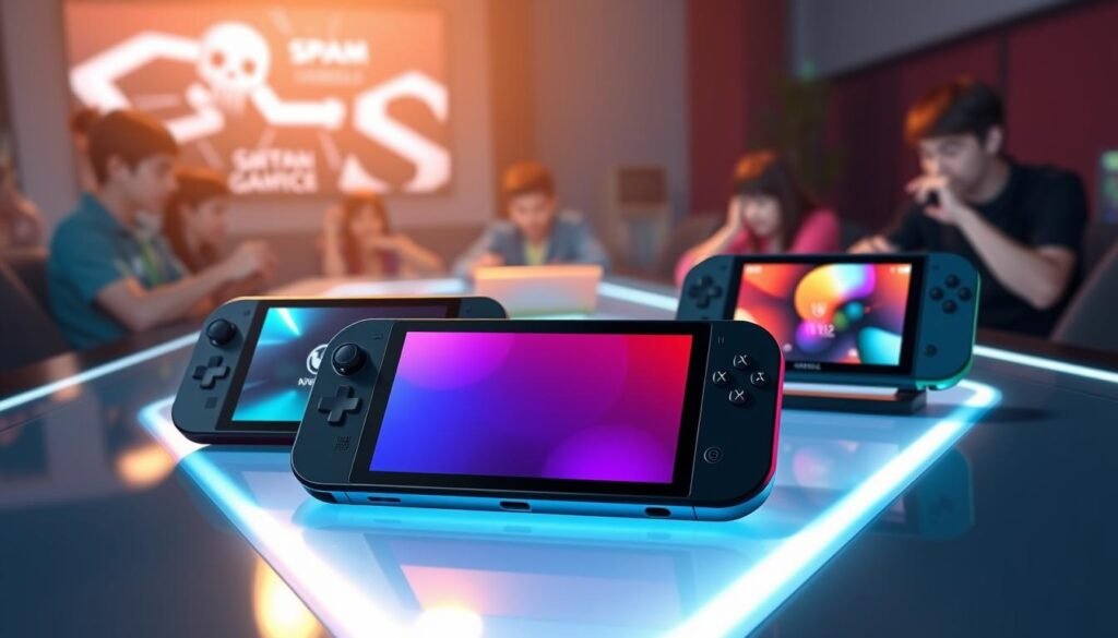 A dynamic comparison of handheld gaming consoles, prominently featuring the Steam Deck OLED 2 on the left and its competitors on the right. The consoles are displayed on a sleek, modern gaming table with LED lighting that casts a vibrant glow. In the foreground, the Steam Deck OLED 2 showcases its sleek design and vibrant screen, while the competitor consoles exhibit their unique features and colors. The middle ground highlights a subtle blur of gamers in the background, all focused on playing. The scene is illuminated with soft, ambient lighting to create a warm, inviting atmosphere. The angle captures the consoles at eye level, emphasizing their details and creating a sense of competition. The overall mood is energetic and engaging, celebrating the evolution of handheld gaming.