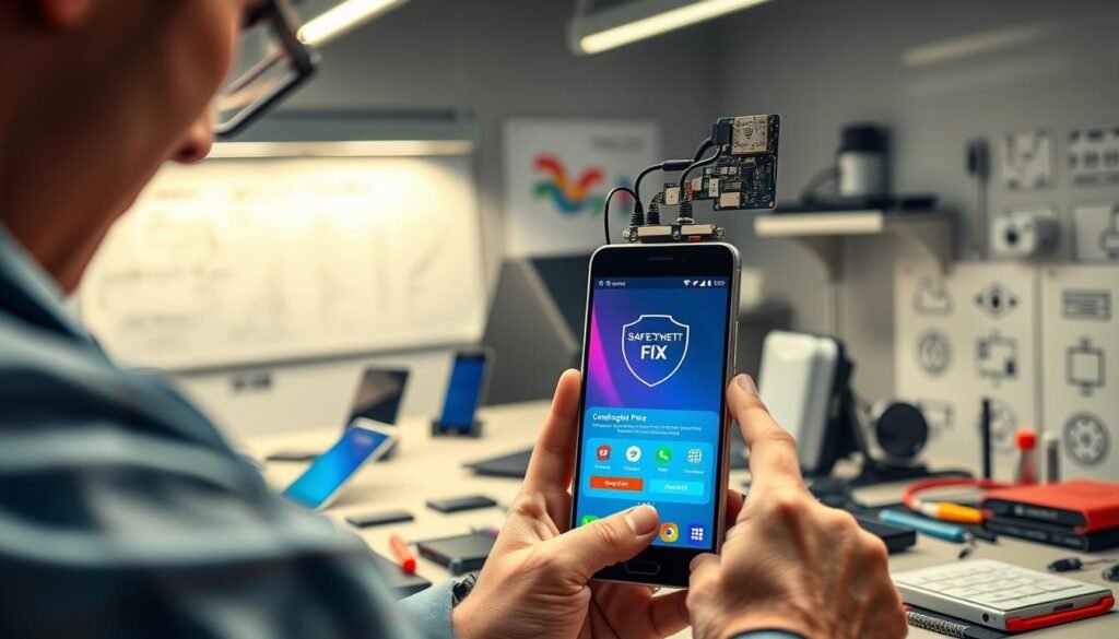 A dynamic installation scene depicting a SafetyNet Fix Module for Android devices. In the foreground, a close-up of a technician in professional attire is carefully connecting the hardware components of the module, showcasing precision and focus. The middle ground features a sleek smartphone displaying the software interface, with vibrant colors indicating a successful installation. The background includes a modern workspace with various Android devices, tools, and technical diagrams, bathed in soft, diffused lighting that enhances the high-tech atmosphere. The image conveys a sense of innovation and expertise, inviting viewers into the world of mobile security enhancements. Shot from a slightly elevated angle to capture the depth of the workspace.