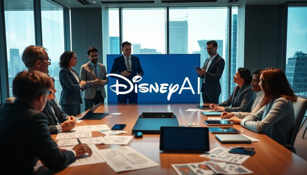 A dynamic meeting scene set in a modern boardroom with large windows showing a city skyline. In the foreground, diverse executives dressed in professional business attire, including a woman with glasses presenting a futuristic digital display showcasing the Disney and OpenAI logos intertwined. In the middle ground, scattered paperwork and digital devices, representing strategic planning and collaboration. The background features a sleek design with bright, natural lighting flooding the room, creating an energetic and innovative atmosphere. Showcase subtle hints of creativity, like storyboard sketches of animated characters, without overcrowding the scene. The mood should be one of collaboration and forward-thinking, emphasizing a significant investment in technology and creativity. A dynamic meeting scene set in a modern boardroom with large windows showing a city skyline. In the foreground, diverse executives dressed in professional business attire, including a woman with glasses presenting a futuristic digital display showcasing the Disney and OpenAI logos intertwined. In the middle ground, scattered paperwork and digital devices, representing strategic planning and collaboration. The background features a sleek design with bright, natural lighting flooding the room, creating an energetic and innovative atmosphere. Showcase subtle hints of creativity, like storyboard sketches of animated characters, without overcrowding the scene. The mood should be one of collaboration and forward-thinking, emphasizing a significant investment in technology and creativity.