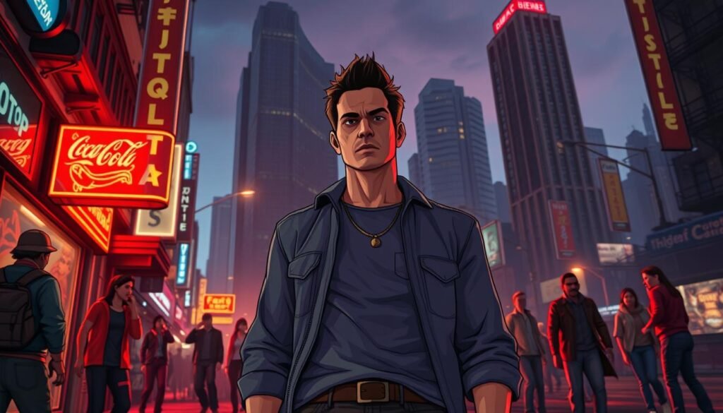 A dynamic video game cutscene in a high-contrast urban environment, depicting a dramatic moment from an action-adventure game like GTA 6. In the foreground, a confident protagonist, dressed in stylish yet modest casual clothing, stands amidst chaotic city streets, illuminated by neon lights and flickering signs. Their intense expression conveys determination as they observe their surroundings. In the middle ground, a group of NPCs, dressed in everyday urban attire, adds depth and realism, some engaged in frantic conversation or fleeing. The background features a richly detailed cityscape with towering buildings, shadowy alleyways, and distant silhouettes against a twilight sky, creating a moody atmosphere. Utilize cinematic lighting, with glowing accents and deep shadows. Capture the scene from a slightly low angle to emphasize drama and tension.