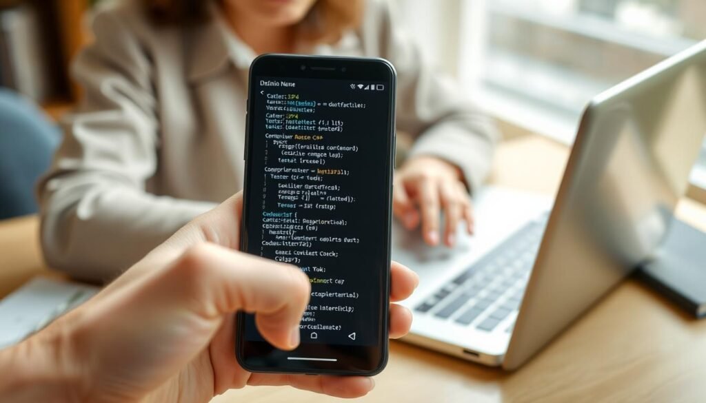 A focused Android development scene showcasing the process of compiling C++ code within a Termux environment. In the foreground, a close-up of a smartphone screen displays the Termux terminal with code interface, clearly showing C++ commands being entered. In the middle ground, a hand, dressed in a casual, professional attire, interacts with the phone, symbolizing user-friendly development. The background reveals a softly blurred workspace with a laptop and programming books to suggest an inspiring tech environment. Soft, natural lighting illuminates the scene, creating a warm atmosphere of creativity and productivity. The overall mood should feel innovative and accessible, reflecting the ease of compiling code to create Android applications.