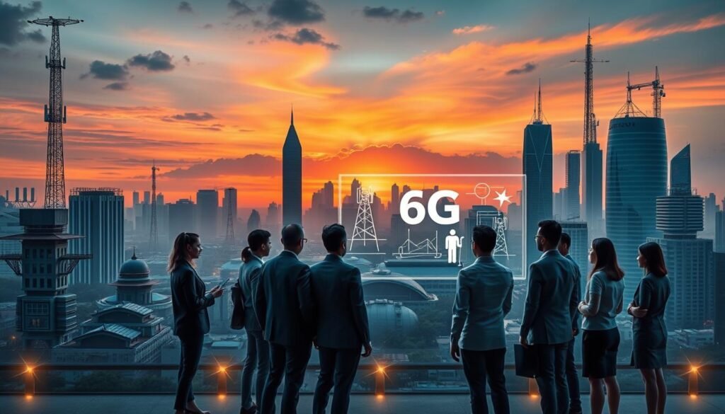 A futuristic cityscape representing the challenges of 6G network development in Indonesia. In the foreground, a group of diverse professionals in business attire is gathered around a holographic display showcasing 6G technology infrastructures, such as antennas and satellite links. They are engaged in an animated discussion, symbolizing collaboration and innovation. The middle ground features a blend of traditional and modern architectural elements, with antennas and towers integrated into the buildings. A skyline of Jakarta looms in the background, with a vibrant sunset casting warm hues over the city. The scene is illuminated by soft, ambient lighting highlighting the professionals, evoking a mood of determination and forward-thinking. The angle captures the height of the buildings, emphasizing the technological advancements. A futuristic cityscape representing the challenges of 6G network development in Indonesia. In the foreground, a group of diverse professionals in business attire is gathered around a holographic display showcasing 6G technology infrastructures, such as antennas and satellite links. They are engaged in an animated discussion, symbolizing collaboration and innovation. The middle ground features a blend of traditional and modern architectural elements, with antennas and towers integrated into the buildings. A skyline of Jakarta looms in the background, with a vibrant sunset casting warm hues over the city. The scene is illuminated by soft, ambient lighting highlighting the professionals, evoking a mood of determination and forward-thinking. The angle captures the height of the buildings, emphasizing the technological advancements.