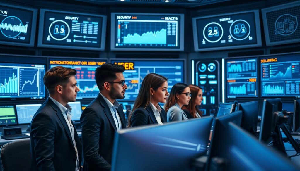 A futuristic digital security control room for a video platform, showcasing advanced technology and user interface monitoring tools. In the foreground, a diverse group of three professionals in business attire, focused and collaborating, analyzing data on their screens. The middle ground features multiple high-resolution monitors displaying graphs, user metrics, and security alerts with an emphasis on safeguarding user data. The background is filled with sleek, illuminated panels and modern tech equipment, creating a high-tech atmosphere. Soft, cool lighting enhances the mood, with a slight blue tint indicating a digital environment. The camera angle should offer a dynamic perspective, emphasizing teamwork and vigilance in user security. A futuristic digital security control room for a video platform, showcasing advanced technology and user interface monitoring tools. In the foreground, a diverse group of three professionals in business attire, focused and collaborating, analyzing data on their screens. The middle ground features multiple high-resolution monitors displaying graphs, user metrics, and security alerts with an emphasis on safeguarding user data. The background is filled with sleek, illuminated panels and modern tech equipment, creating a high-tech atmosphere. Soft, cool lighting enhances the mood, with a slight blue tint indicating a digital environment. The camera angle should offer a dynamic perspective, emphasizing teamwork and vigilance in user security.
