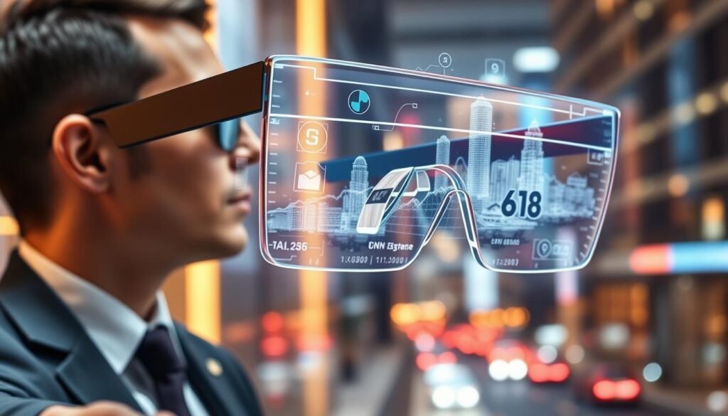 A futuristic display of augmented reality glasses featuring a sleek, modern design, showcasing a translucent HUD with vivid, crystal-clear graphics that rival the Apple Vision Pro. In the foreground, a professional individual wearing smart business attire interacts with virtual elements, such as floating digital icons and data metrics. The middle ground includes an urban environment with dynamic cityscape elements, vibrantly displayed through the AR glasses. The background is softly blurred, hinting at advanced technology, with warm, ambient lighting illuminating the scene, creating a high-tech yet accessible atmosphere. The perspective is slightly angled, emphasizing the clarity and depth of the augmented reality display.
