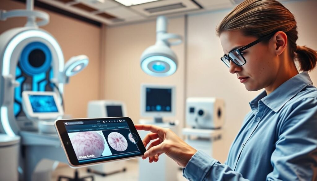 A futuristic healthcare setting showcasing artificial intelligence in skin cancer detection. In the foreground, a professional-looking individual in smart casual attire analyses skin images displayed on a sleek tablet, focused and engaged. The middle layer features a modern smartphone capturing close-up images of skin lesions, with a digital overlay demonstrating real-time analysis and data interpretation. In the background, high-tech medical equipment and a softly lit environment convey a sense of innovation and comfort. The lighting is bright but warm, creating an inviting atmosphere, while the camera angle offers a dynamic perspective, emphasizing the integration of technology and healthcare. This image captures the essence of advanced AI applications in dermatology, illustrating the powerful intersection of technology and patient care.