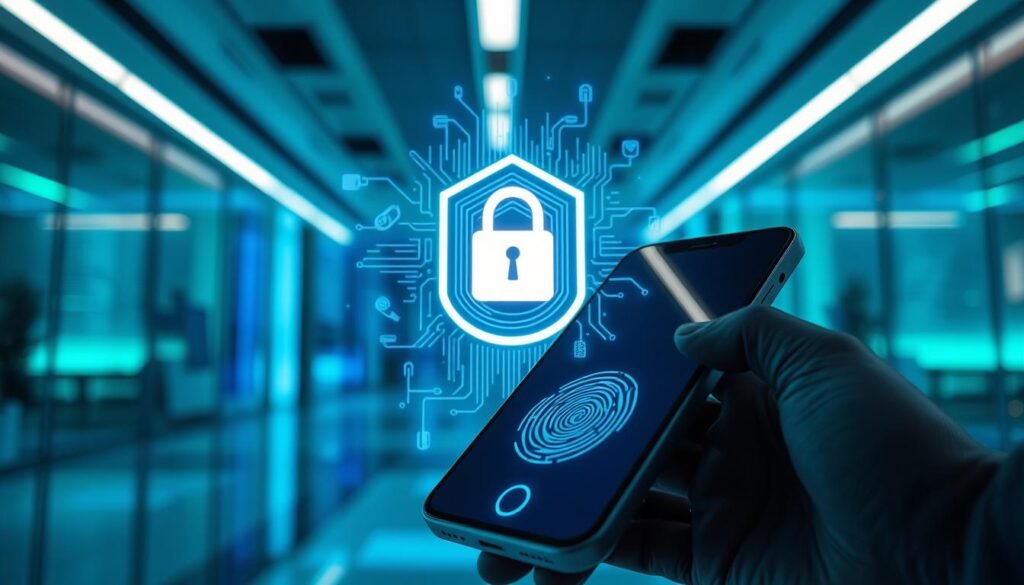 A futuristic, high-tech biometric security system, highlighting the process of unlocking a smartphone using a fingerprint scanner. In the foreground, a clear close-up of a modern smartphone with a fingerprint scanner activated, displaying a glowing biometric interface. In the middle layer, an abstract representation of security data flowing, symbolizing safety and technology. The background features a sleek, contemporary office environment with soft blue and green lighting, creating a calm and secure atmosphere. The angle is slightly tilted downwards to focus on the smartphone. The image conveys a sense of innovation, reliability, and peace of mind that comes with biometric security solutions.