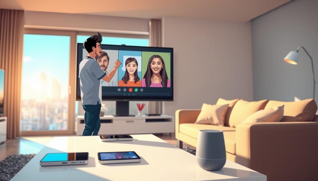 A futuristic living room scene showcasing practical AI applications in daily life. In the foreground, a casually dressed young professional interacts with a large, smart screen displaying a video call interface with clear visuals of a friend. The middle ground features a sleek coffee table with various smart devices, including a tablet and a voice assistant, emphasizing a tech-savvy environment. The background shows a window with sunlight streaming in, offering a view of a vibrant cityscape. Soft, warm lighting creates an inviting atmosphere, while a slight lens blur on the background helps focus attention on the subject. The overall mood is optimistic and innovative, reflecting the integration of AI in everyday activities.