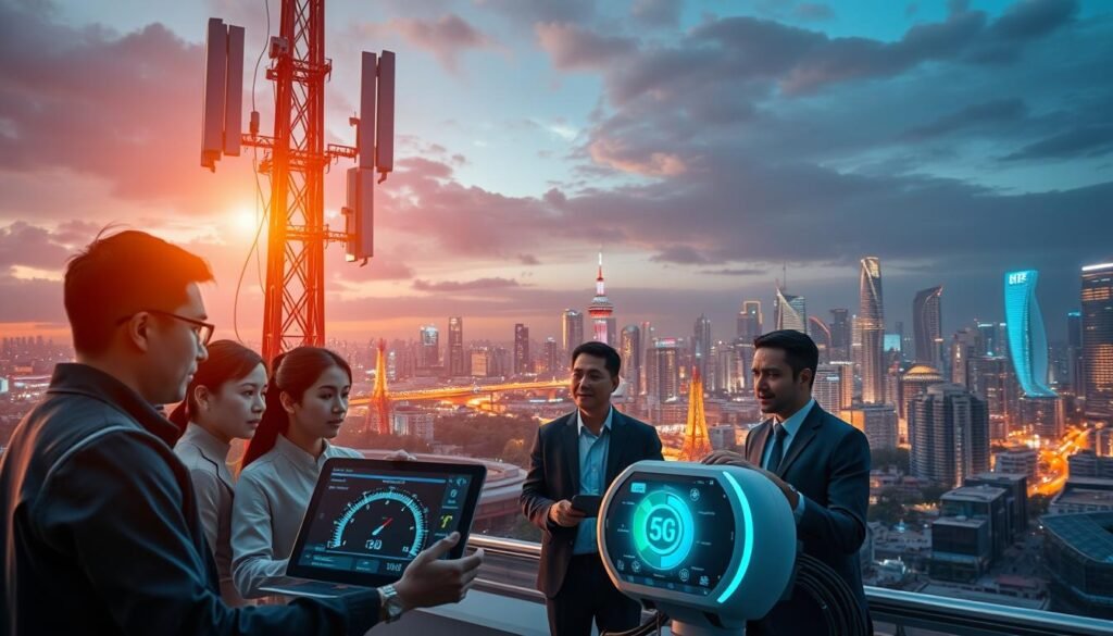 A futuristic urban landscape showcasing the infrastructure of 5G NSA technology in Indonesia. In the foreground, a group of diverse professionals in business attire is examining a high-tech device that displays internet speed metrics. The middle ground features sleek telecom towers integrated with advanced antennas and data cables, illuminated by soft blue and green LED lights. The background reveals a bustling city skyline with modern skyscrapers under a twilight sky, casting an ambient glow. The scene conveys a sense of urgency and innovation, highlighting the advancements in telecommunications. Use a wide-angle lens for a dynamic perspective, with warm lighting to create a hopeful atmosphere about the future of 5G in the region.