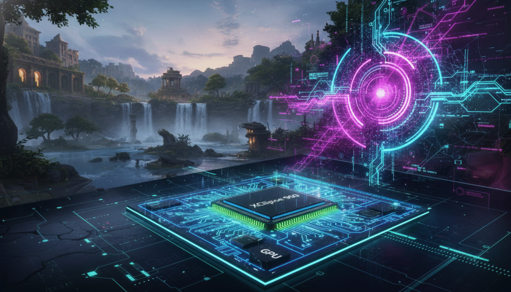 A futuristic visual perception system illustrating advanced graphical rendering capabilities. In the foreground, intricate diagrams of the GPU Xclipse 960, with circuits and components highlighted in luminous blue and green hues. The middle ground showcases a virtual gaming environment with rich landscapes and dynamic lighting effects, emphasizing ray tracing technology through realistic shadows and reflections. The background features an abstract representation of artificial intelligence, swirling digital patterns and vibrant neural networks. The scene is illuminated with a soft, ambient glow, creating a high-tech atmosphere, captured from a slightly elevated angle to emphasize depth and innovation. The overall mood is immersive and cutting-edge, symbolizing the future of gaming technology.