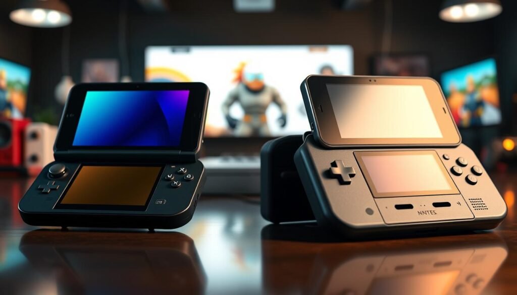 A high-quality, detailed comparison image showcasing popular handheld gaming consoles in a side-by-side layout. In the foreground, prominently display a sleek, modern handheld console with bright colors and a large screen, emphasizing its ergonomic design. Next to it, include a retro handheld console with a classic style, showcasing its nostalgic appeal. In the middle ground, add subtle reflections to highlight the sleekness of the devices. The background should feature a blurred, gaming-themed environment with soft lighting that gives a warm atmosphere. Use a 50mm lens for a slight vignette effect to draw attention to the consoles, and ensure the overall mood conveys excitement and innovation in portable gaming. Avoid any text or logos in the image.