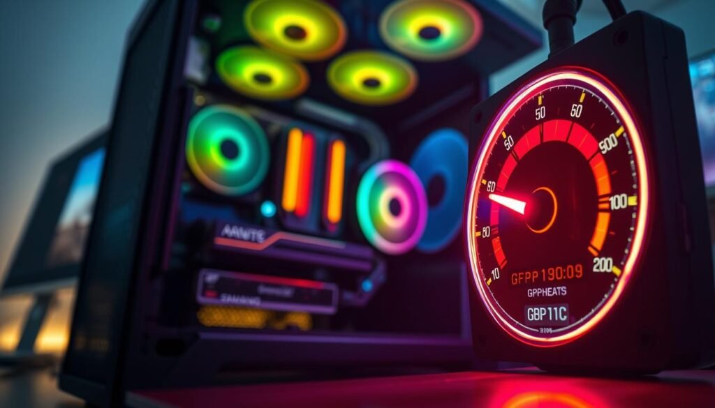 A high-tech digital display showcasing GPU temperature readings, prominently featuring a brightly lit temperature gauge in the foreground, indicating high levels due to overheating, with red and yellow color gradients to signify alarm. In the middle ground, a sleek, modern desktop computer case is partially visible, revealing its internal components—all well-organized and illuminated with RGB lights, hinting at a powerful GPU struggling under strain. The background has a faint blur of a computer workspace, with ambient lighting that casts a soft glow over the scene, creating a tense but professional atmosphere. The focus is sharp on the temperature gauge, emphasizing the urgency of monitoring performance. The lens captures this in a dynamic angle, suggesting a sense of immediacy and technical prowess, designed to engage readers visually about GPU overheating signs.