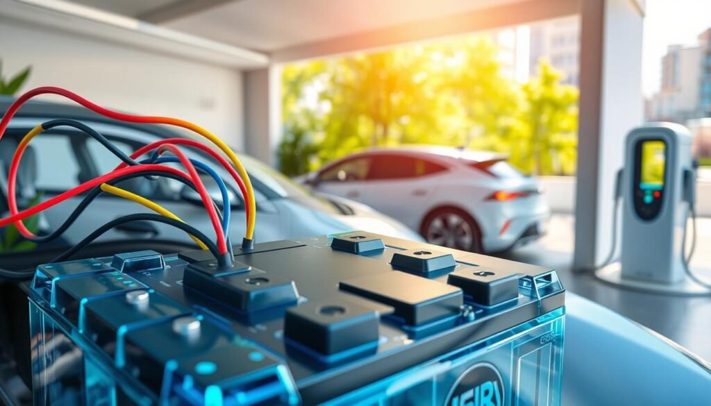A high-tech electric car battery displayed in the foreground, showcasing its intricate design with colorful wires and advanced technology components. The middle ground features an electric vehicle partially visible, integrated with the battery, under a modern, bright garage setting. In the background, a sleek electric car charging station can be seen, surrounded by greenery and urban architecture, representing a sustainable future. The lighting is bright and natural, emphasizing the battery's features and creating a vibrant atmosphere. The scene is captured with a wide-angle lens to enhance depth, highlighting the interaction between technology and the environment, evoking a sense of innovation and sustainability.