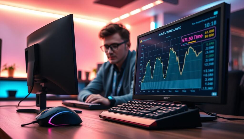 A high-tech gaming environment depicting input lag measurement and response time analysis. In the foreground, a sleek gaming monitor displays a detailed graph depicting latency metrics, while an advanced gaming mouse and mechanical keyboard sit prominently nearby. In the middle ground, a professional gamer, dressed in smart casual attire, intently focuses on the screen, with a slight look of concentration. The background features a well-lit room with LED accents, emphasizing a modern gaming aesthetic. Soft, ambient lighting highlights the equipment, creating a vibrant atmosphere. The image captures the essence of technology and precision in gaming, perfectly portraying the critical concepts of input lag and response time.