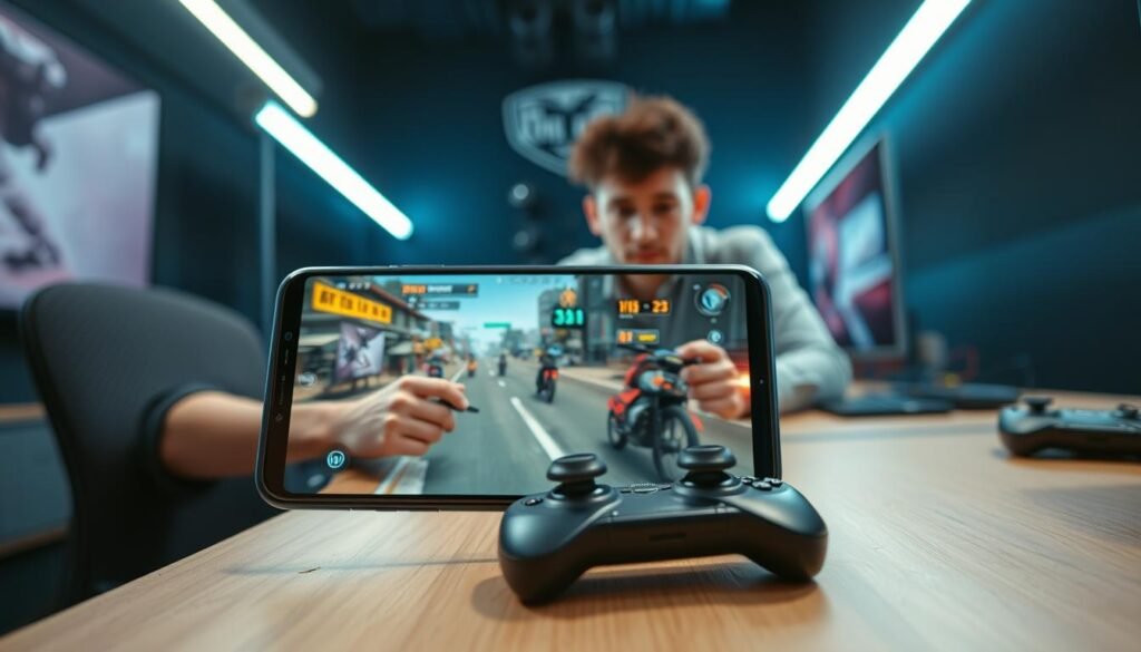 A high-tech gaming setup displaying a smartphone with an impressive 120fps gaming experience. In the foreground, focus on a sleek Android smartphone with vibrant graphics from an action-packed game on the screen. The middle ground features a well-organized gaming desk, complete with a professional gamer in modest casual clothing, intently focused on the game. The background showcases a dimly lit room adorned with LED gaming light strips, creating a futuristic atmosphere. Soft blue lighting highlights the device and sets an immersive mood, while a gaming controller rests nearby. Capture this scene from a slightly elevated angle, emphasizing the details on the smartphone screen and the gamer’s concentration, evoking a sense of excitement and innovation in mobile gaming.