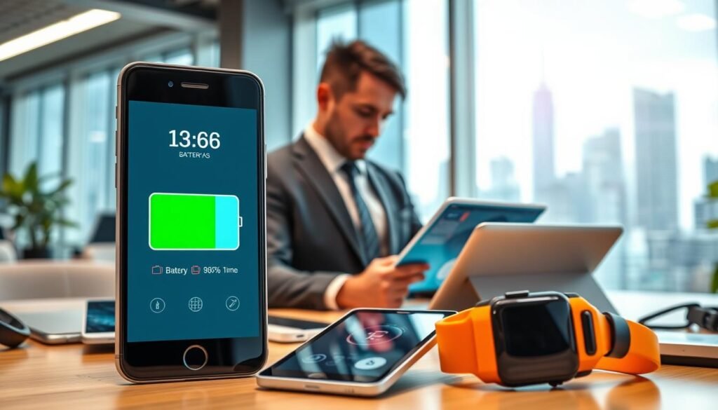 A high-tech office environment showcasing the concept of battery saving and energy efficiency in mobile devices. In the foreground, a modern smartphone displaying low battery usage statistics, surrounded by various smart devices like tablets and wearables, all designed with sleek lines and vibrant colors. In the middle ground, a professional wearing business attire is analyzing data on a digital tablet, looking focused and engaged. The background depicts a large window with a view of a futuristic city skyline under soft natural light, representing innovation and progress. The overall mood is optimistic and forward-thinking, with bright lighting illuminating the scene, emphasizing technology and sustainability. A high-tech office environment showcasing the concept of battery saving and energy efficiency in mobile devices. In the foreground, a modern smartphone displaying low battery usage statistics, surrounded by various smart devices like tablets and wearables, all designed with sleek lines and vibrant colors. In the middle ground, a professional wearing business attire is analyzing data on a digital tablet, looking focused and engaged. The background depicts a large window with a view of a futuristic city skyline under soft natural light, representing innovation and progress. The overall mood is optimistic and forward-thinking, with bright lighting illuminating the scene, emphasizing technology and sustainability.