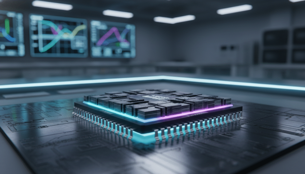 A highly detailed close-up image of a cutting-edge semiconductor chip, specifically the Samsung Exynos 2600, showcasing its innovative 2nm Gate-All-Around (GAA) technology. The foreground features the chip lying on a sleek, reflective surface with intricate microstructures visible, emphasizing the advanced engineering. The middle ground includes a subtle glow emanating from the chip, highlighting its modern design and features. The background is a softly blurred laboratory setting with advanced equipment and screens displaying data related to semiconductor fabrication, gently lit with cool, white LED light to convey a high-tech atmosphere. The angle of the shot is slightly above the chip, lending depth and focus to its intricate details, while maintaining a professional and sophisticated mood.